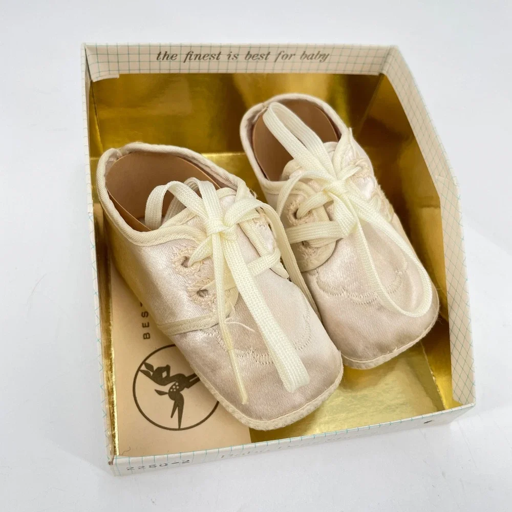 Vintage Baby Deer Shoes Lot 3 Pairs Satin Oxfords Knit Booties Boxes Sizes 0 3